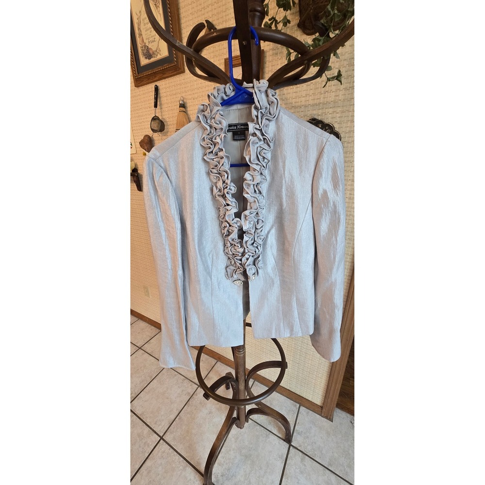 Jessica Howard Silver Metallic Ruffle Collar Evening Jacket Rhinestone Closure 8